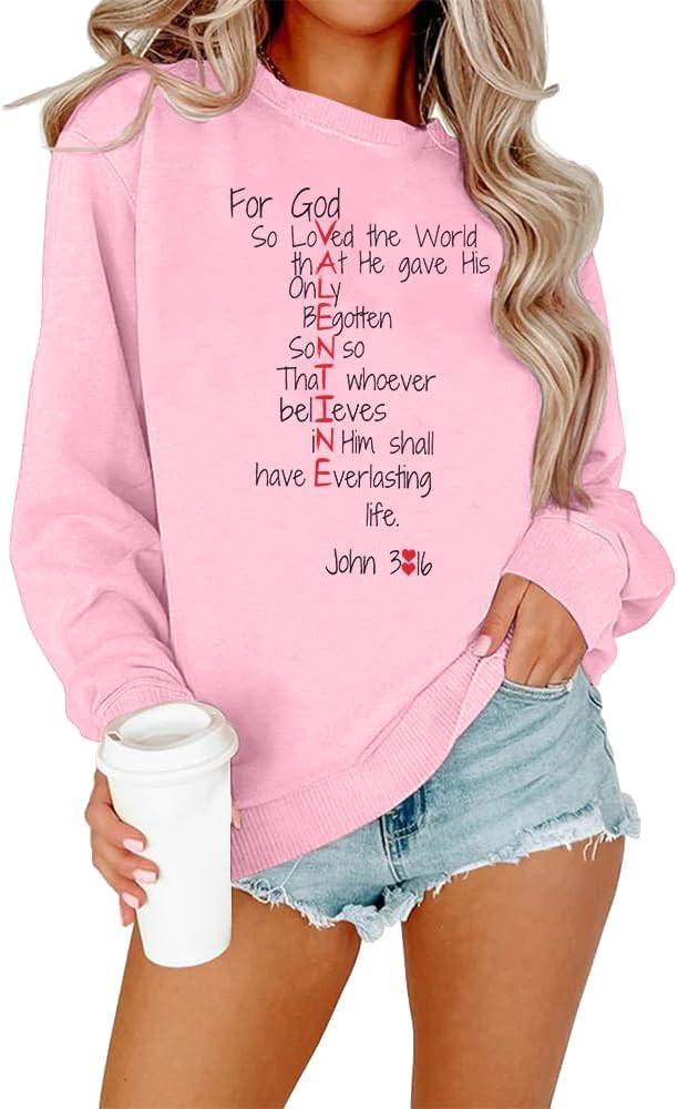 MOUSYA Valentines Day Sweatshirt Women Love Heart Graphic Shirts Christian Pullover Long Sleeve T... | Amazon (US)