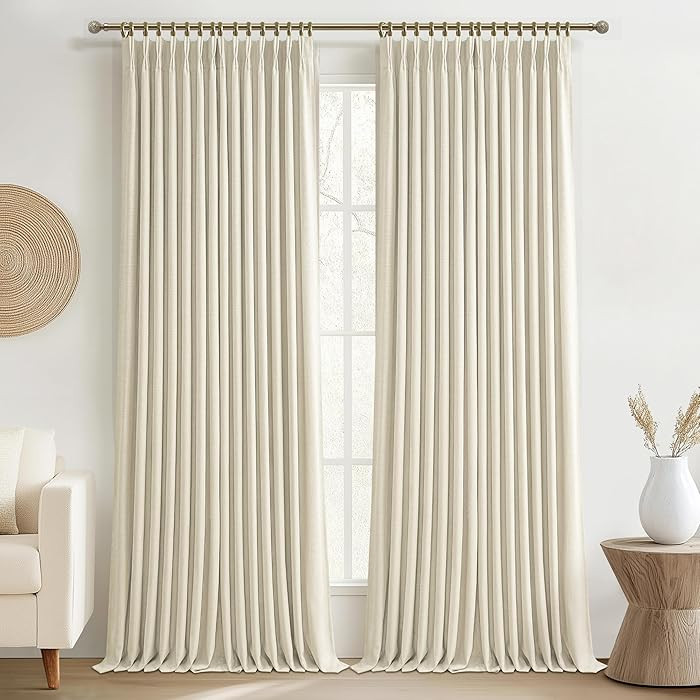 Cream Pinch Pleated Dual Layer Linen 92 Inch Bedroom Curtains 2 Panels Set, Memory Trained Blacko... | Amazon (US)