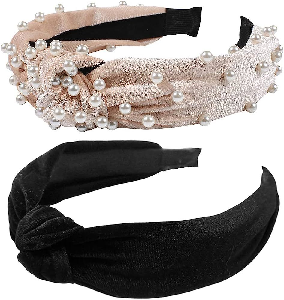 BEBEEPOO 2Pcs Headbands for Women, Pearl Headbands with Velvet Knotted Wide Headbands, Faux Pearl El | Amazon (US)