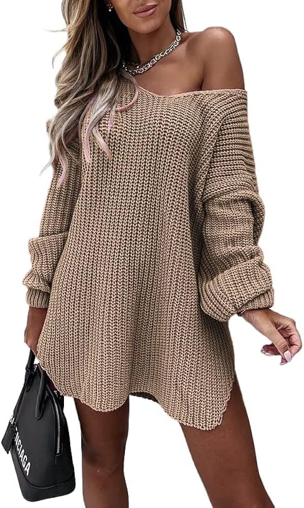 NOLLSOM Women Casual Long Sleeve Relaxed Fit Long Pullover Off Shoulder Solid Ribbed Knit Sweater Ju | Amazon (US)