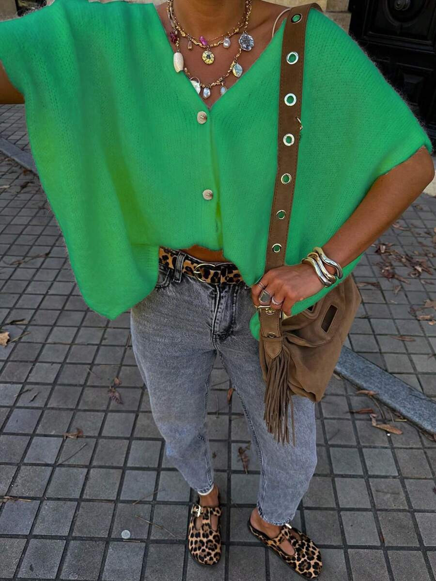 Spring/Summer New Green V-Neck Button Short Sleeve Super Loose Knitted Large Shoulder Design Boho... | SHEIN