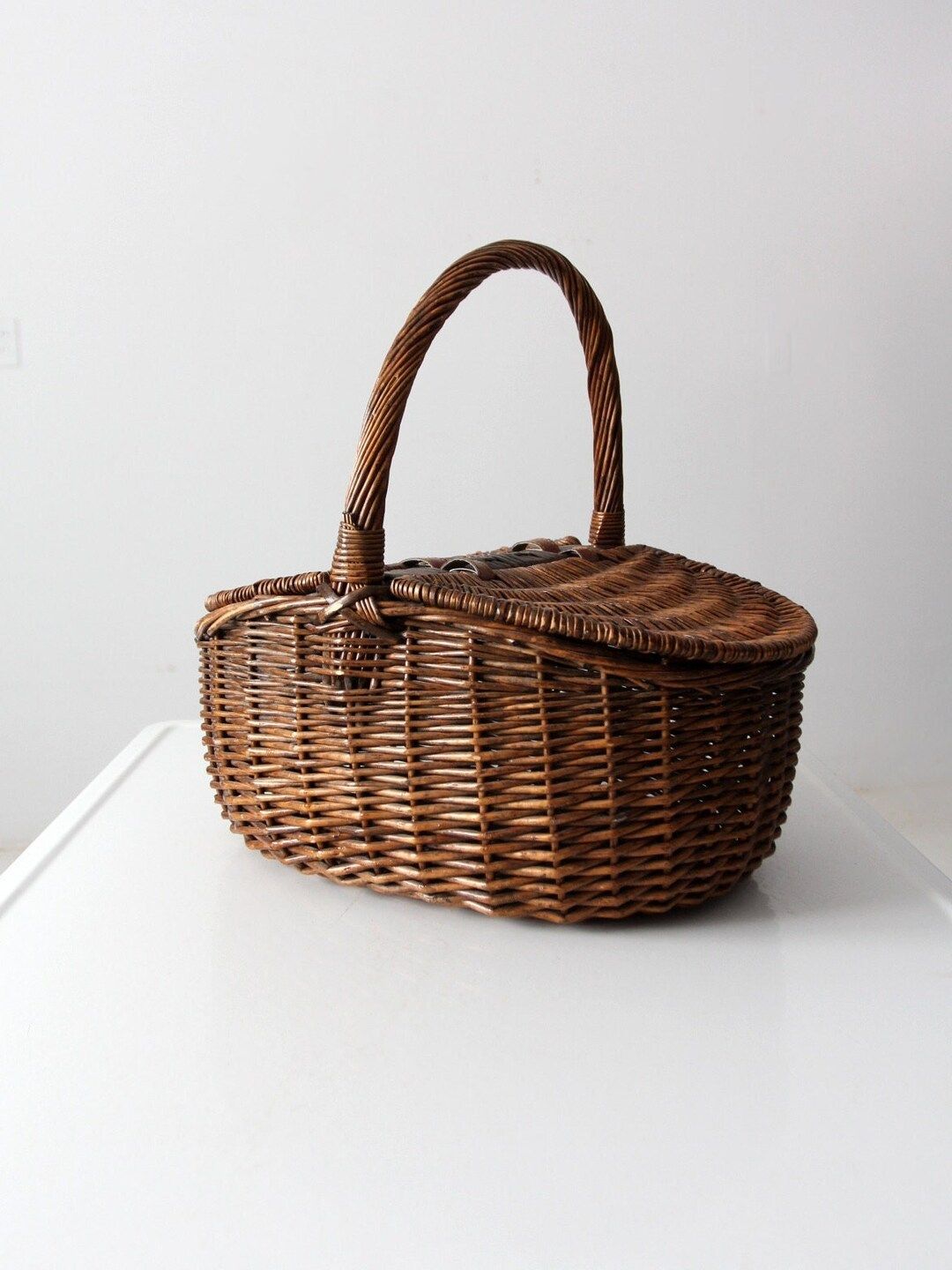 vintage wicker picnic basket with split lid | Etsy (US)