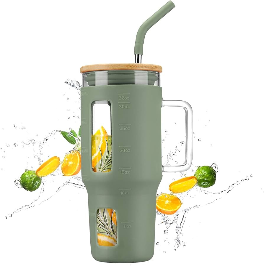 Kodrine Tumbler with Lid and Straw, 32 oz Glass Tumbler with Handle, Coffee Tumbler for Boba Smoo... | Amazon (US)