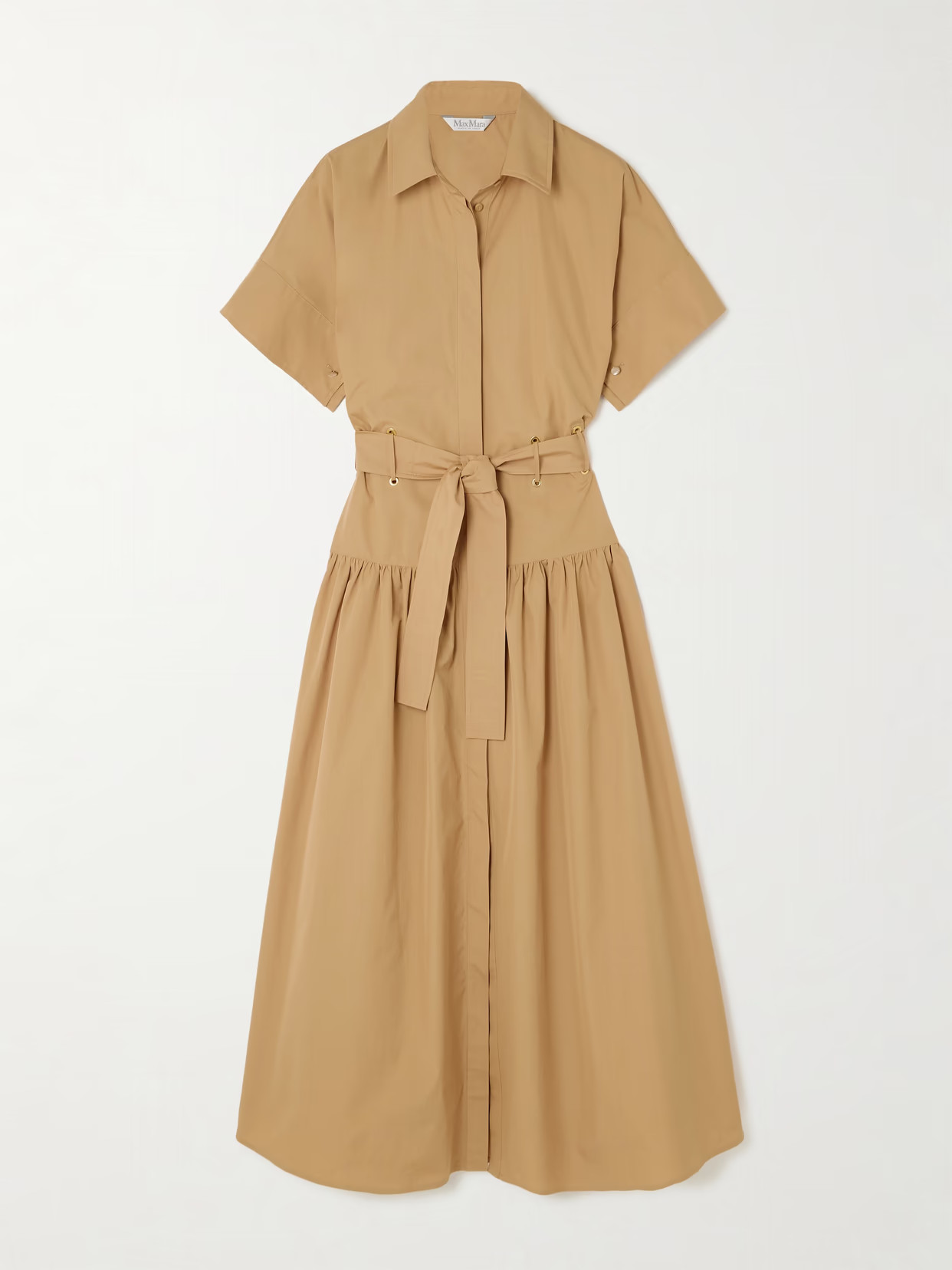 Max Mara - Agoraio Belted Eyelet-embellished Cotton-poplin Midi Shirt Dress - Camel | NET-A-PORTER (UK & EU)