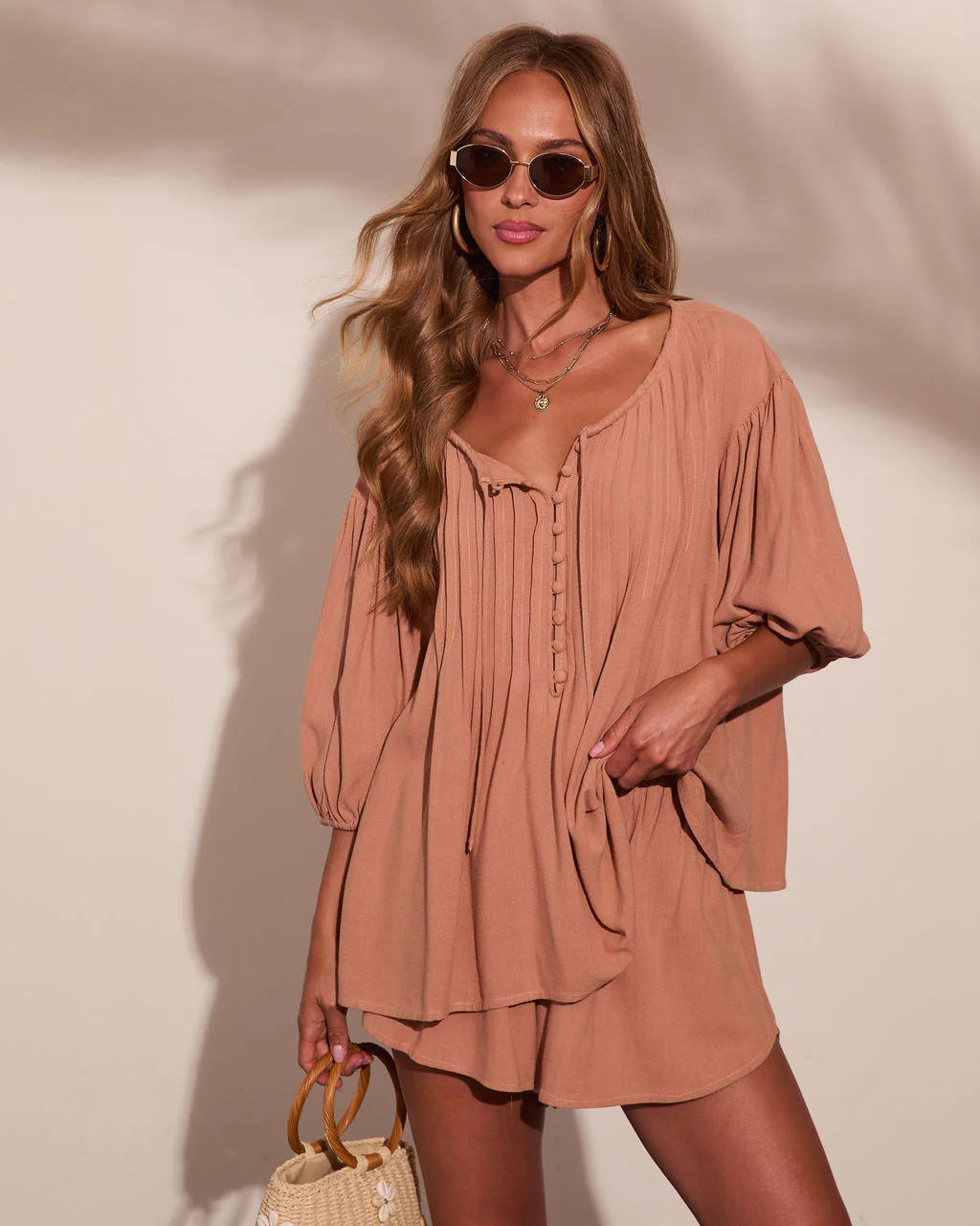 Market Sunrise Pleated Linen Blend Neck Tie Top | VICI