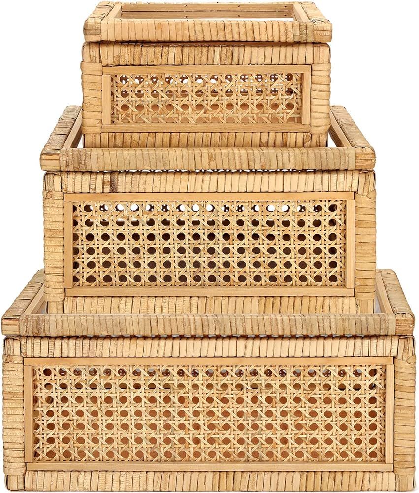 Set of 3 Boho Woven Cane and Rattan Display Boxes with Glass Lids, Large Rectangular Rattan Decor... | Amazon (US)