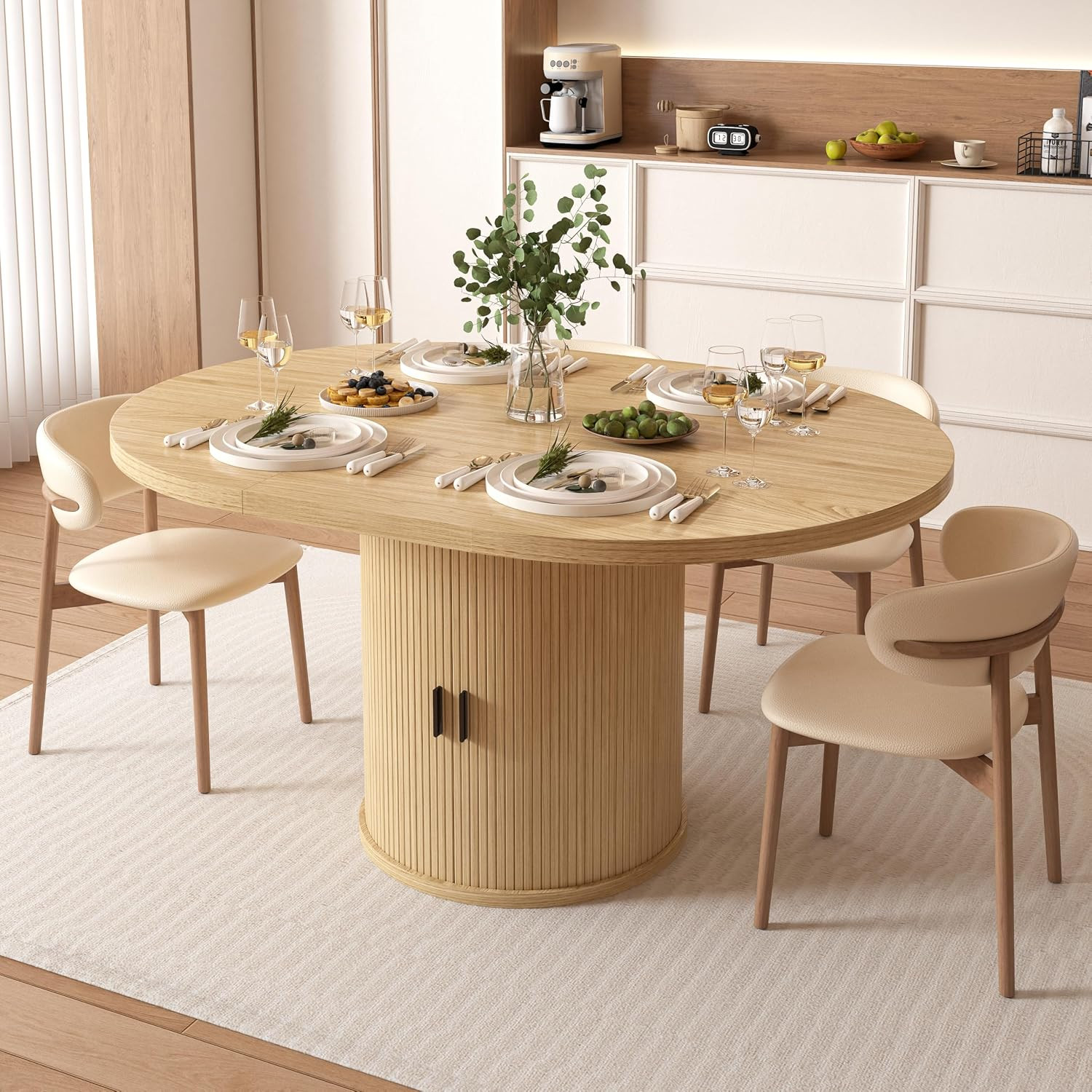 Vipbear Extendable Dining Table 43-59" for 4-6 People, Solid Wood Top with Fluted Slide Door & 8-Compartment Storage, Space Saving Round Dining Room Kitchen Dinner Tables Furniture with Pedestal Base | Amazon (US)