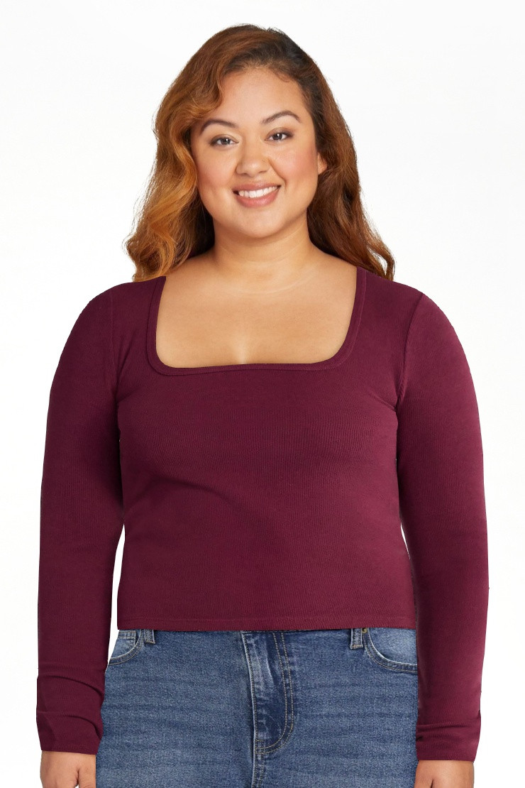 No Boundaries Square Neck Tee with Long Sleeves, Women's | Walmart (US)