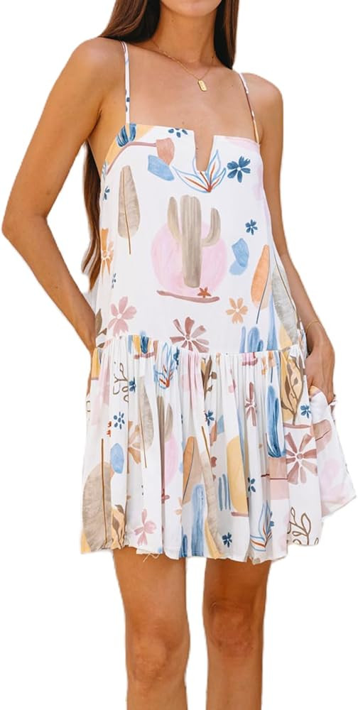 Women Graffiti Mini Cami Dress Spaghetti Strap Floral Boho Short Dress Flowy Sling Dress Summer H... | Amazon (US)