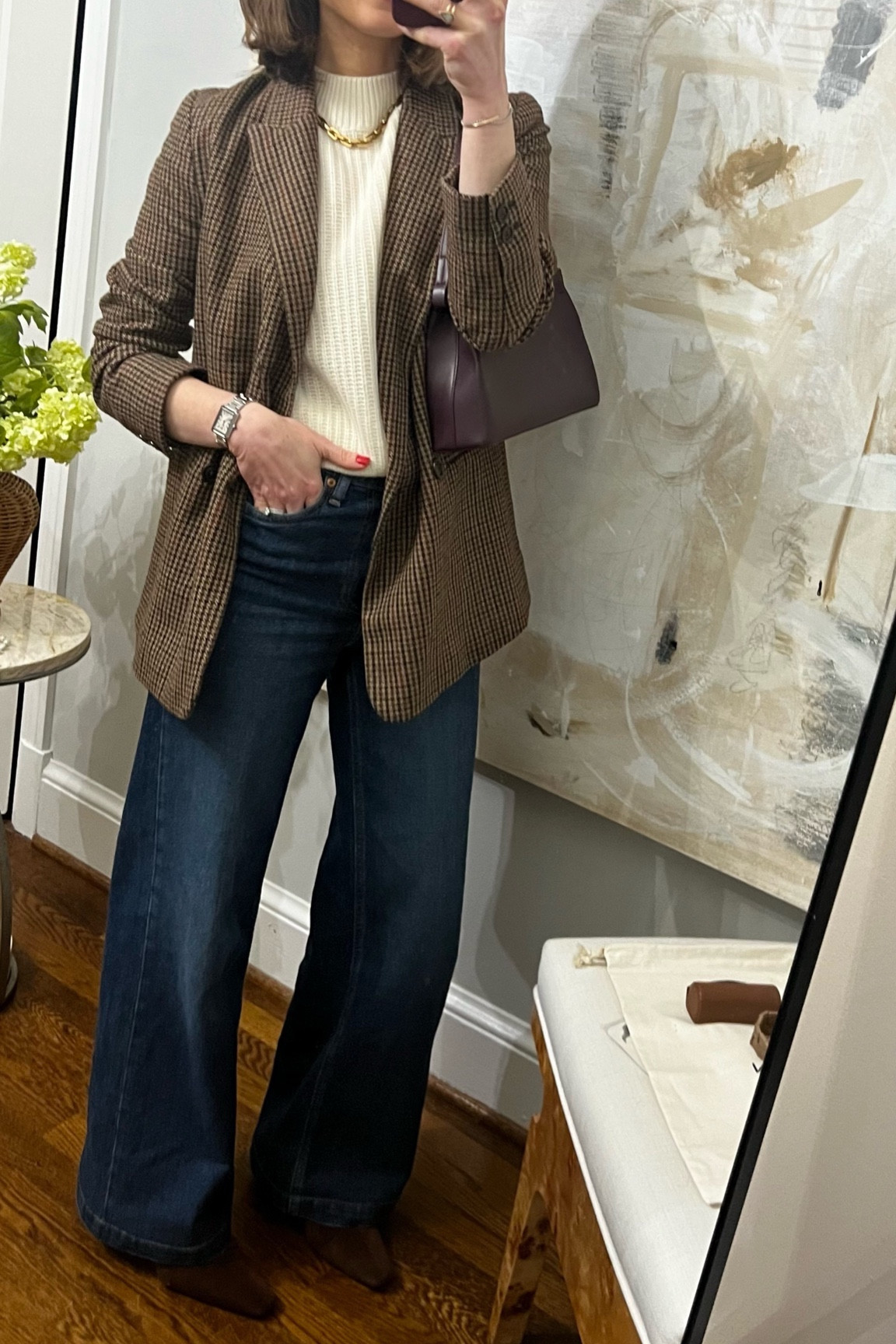 Brown plaid blazer old gap
Gap dark wash wide leg jeans
Ivory white and Warren mock neck
sweater code MCCOYD20
Staud chocolate suede ankle boots


#LTKfindsunder100 #LTKstyletip #LTKshoecrush