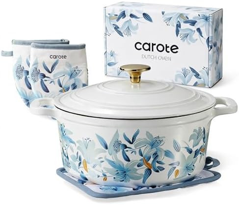 CAROTE 5 QT Cast Iron Dutch Oven Pot with Lid, Enameled Floral Dutch Ovens with Cotton Potholders... | Amazon (US)