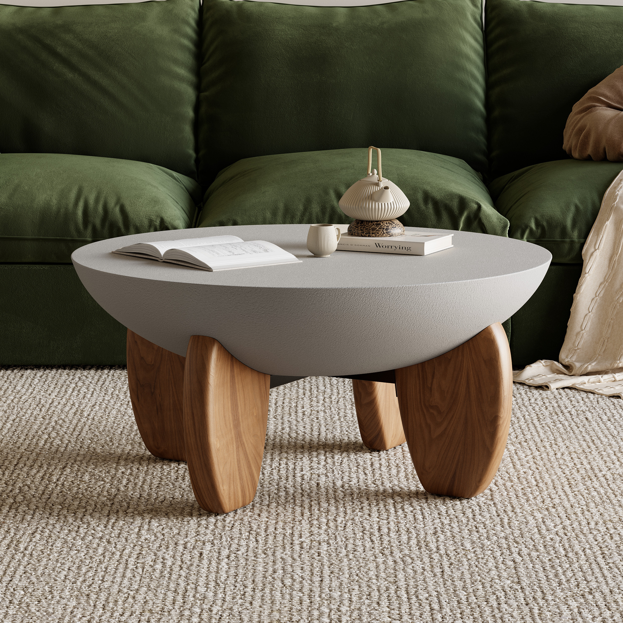 Curva Round Small Modern Gray & Walnut Coffee Table Concrete & Wood Accent Table | Homary