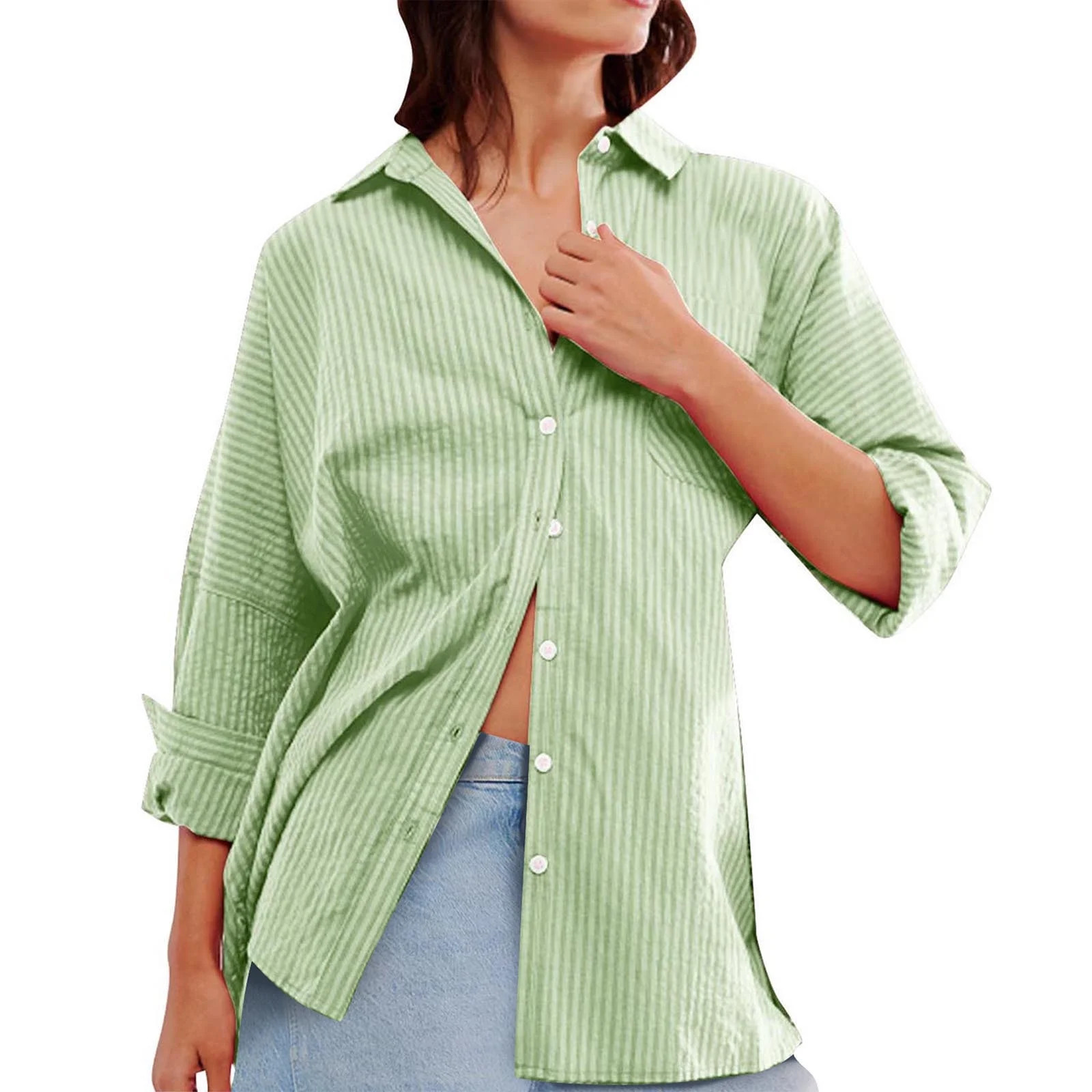 Zedker Womens Button Down Shirts Long Sleeve V Neck Solid Casual Tunics Tops with Pockets Green P... | Walmart (US)