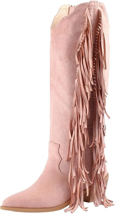 KiutSymo Cowgirl Fringe Boots For Women White Tassels Cowboy Boots Knee High Pointed Toe Western ... | Amazon (US)