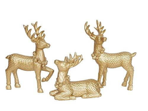 Gold Christmas Reindeer Decor Set of 3 Resin Standing Deer Figurines Elk Sculpture Christmas Figurine Centerpieces for Home Tabletop Shelf Elegant Xmas Deer Statue Artificial Animal Table Decorations | Amazon (US)