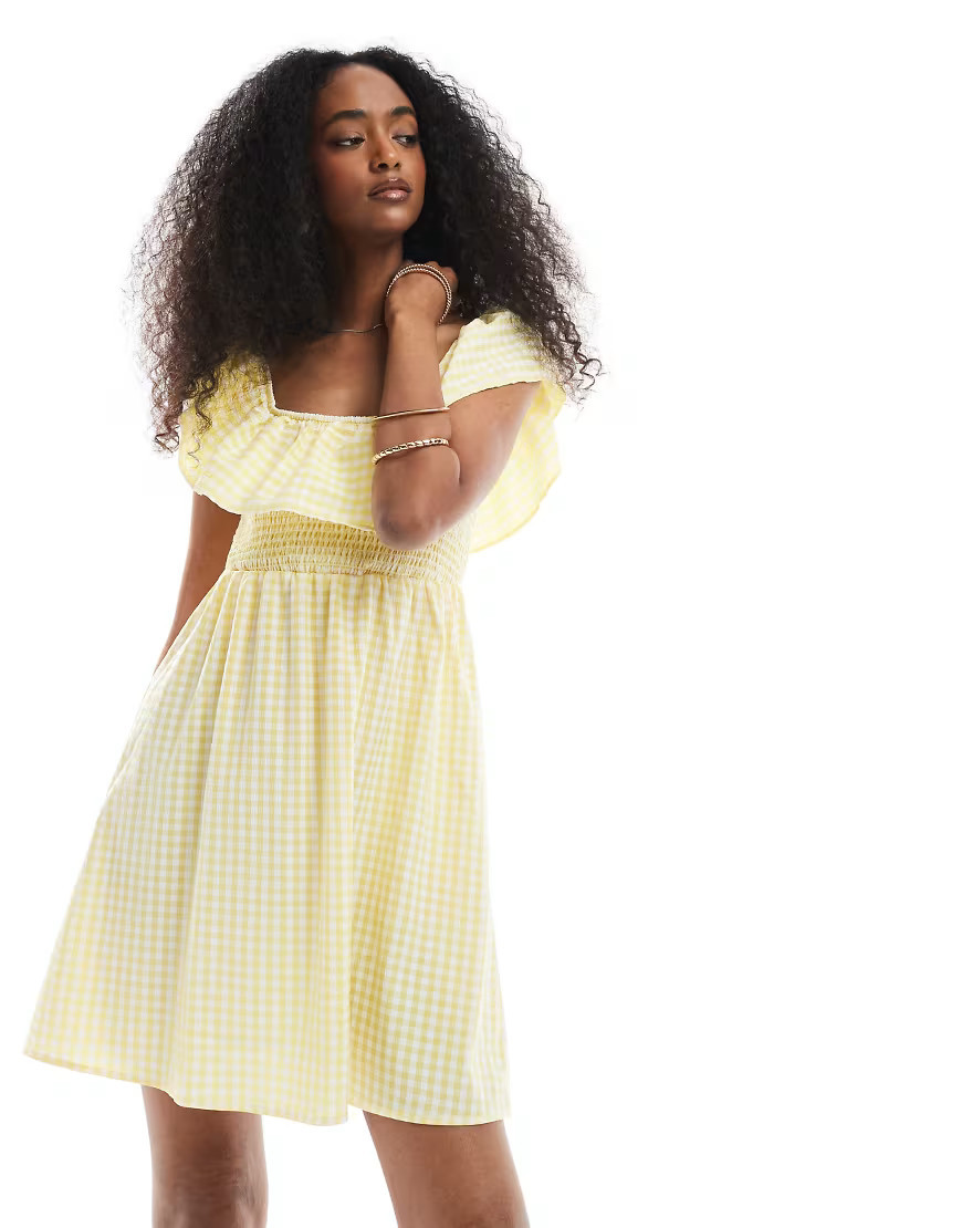Vero Moda shirred bodice mini dress with frill detail in yellow gingham print | ASOS (Global)