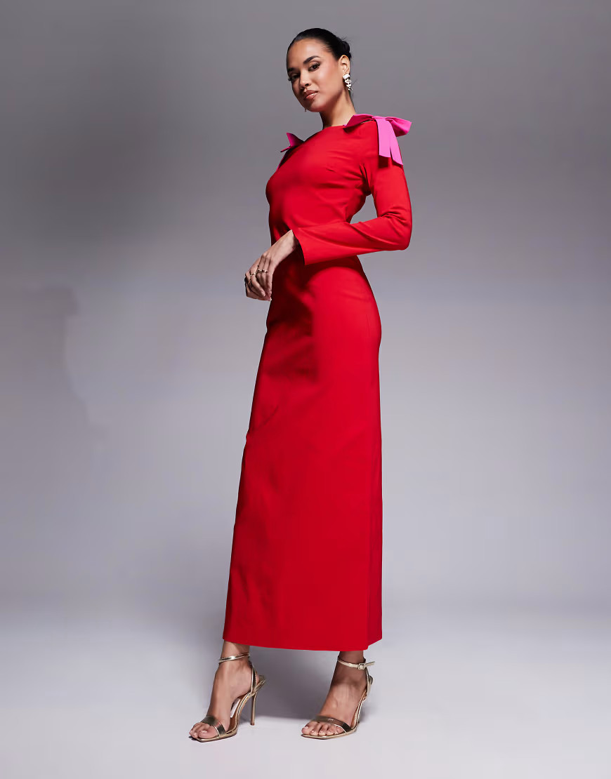 Daska bow shoulder maxi dress in red and pink-Multi | ASOS (Global)