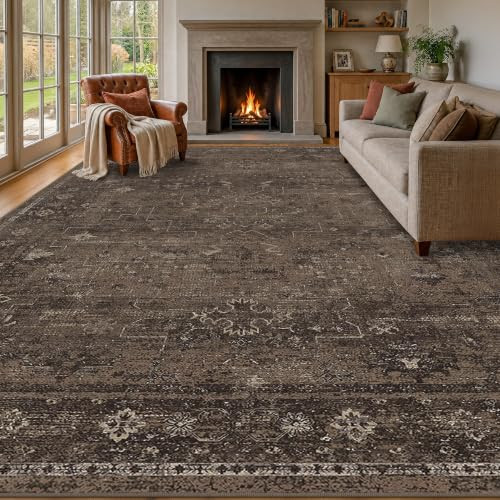 Farmhouse Brown Washable 8x10 Area Rug for Living Room, Dark Neutral Vintage Distressed Large Rug... | Amazon (US)
