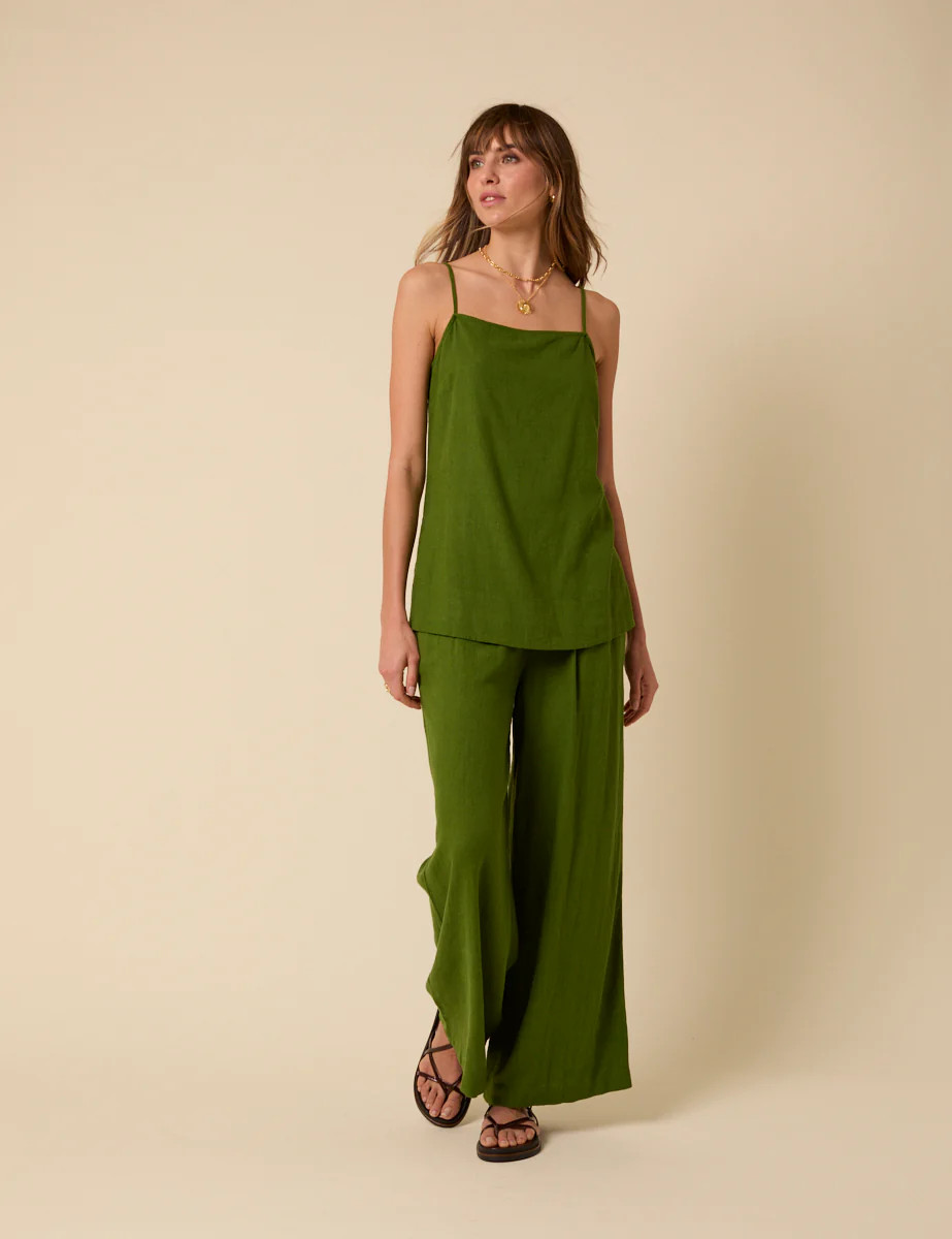 Green Linen-blend Parker Wide Leg Trousers | Nobody's Child