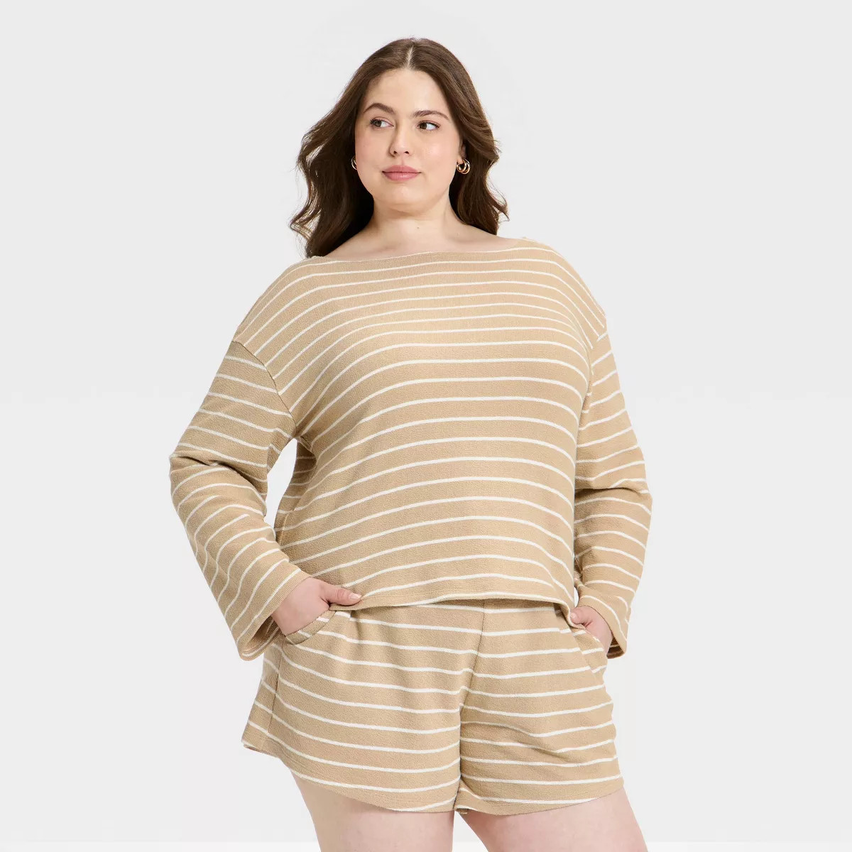 Women's Long Sleeve Boat Neck T-Shirt - Universal Thread™ Tan Striped XXL | Target