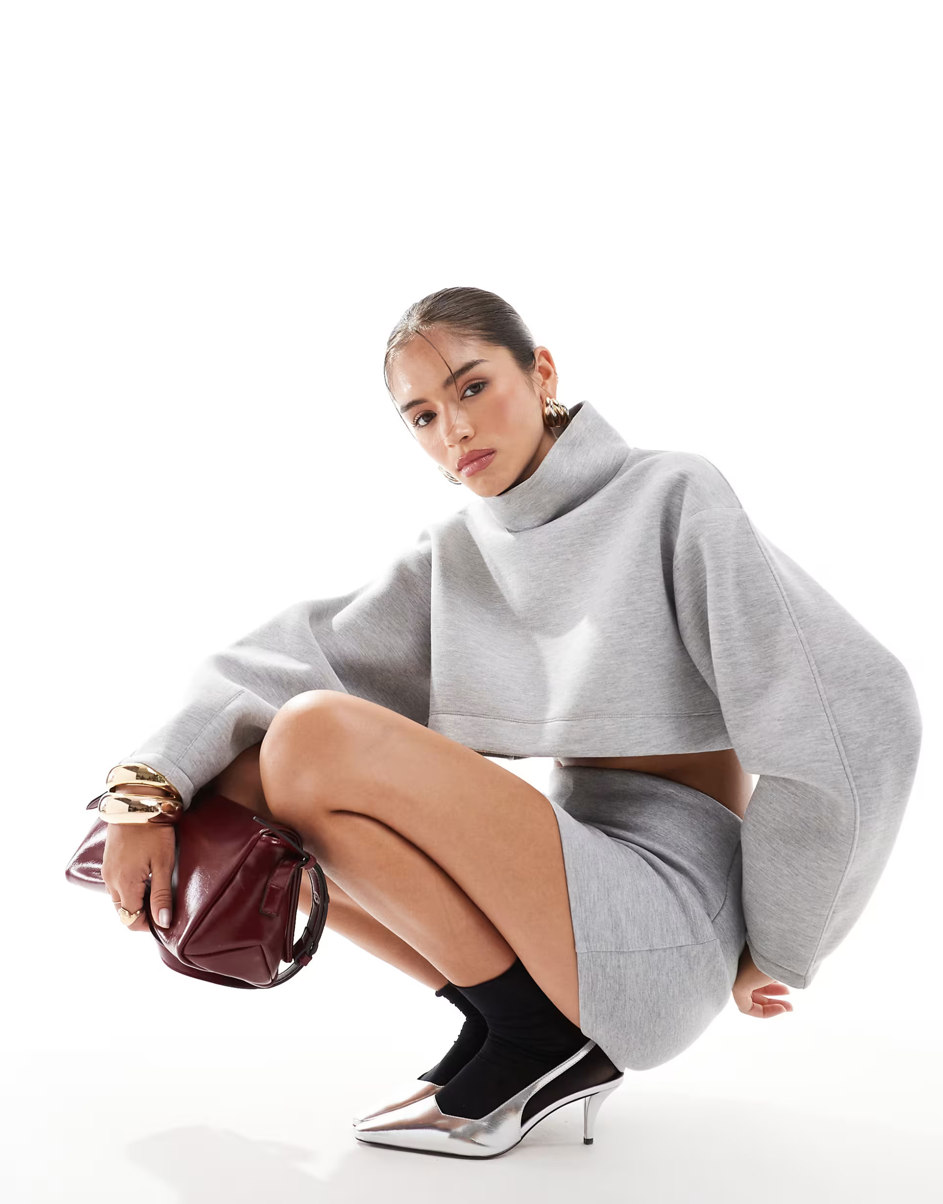 ASOS DESIGN funnel neck crop top with cocoon sleeve in grey marl co-ord | ASOS (Global)