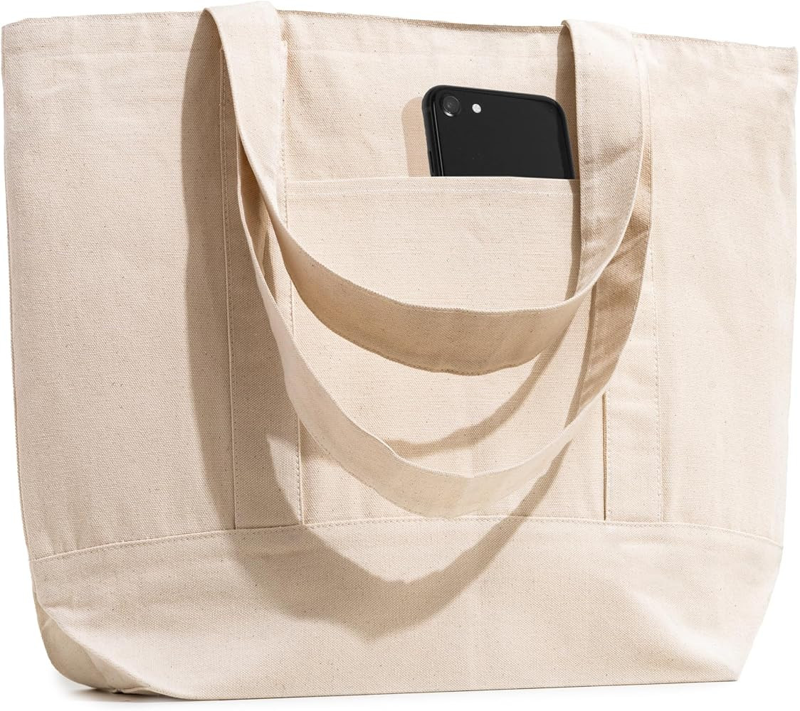 Organic Cotton Canvas Totes With Zippered Top, Front Pocket, Heavy Duty Reusable Shopping Bags, C... | Amazon (US)