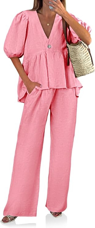 Tankaneo Womens 2 Piece Linen Sets Summer Vacation Outfits V Neck Puff Sleeve Babydoll Tops Wide ... | Amazon (US)