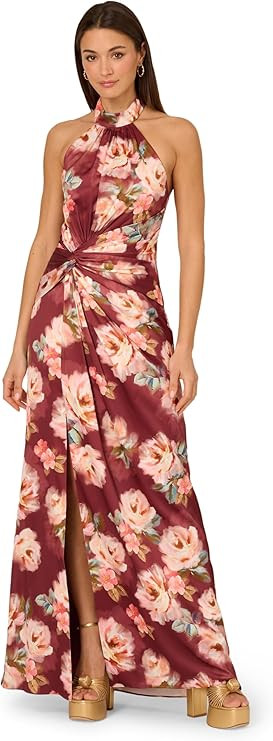 Adrianna Papell Women's Printed Satin Long Dress, Brown Multi at Amazon Women’s Clothing store | Amazon (US)