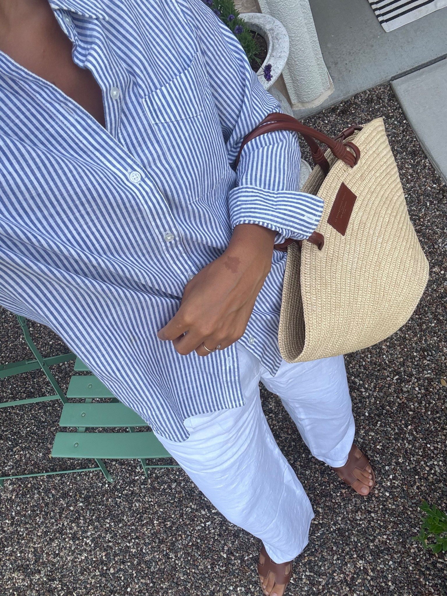 Chic summer outfit idea: White linen pants, blue and white striped button down, leather sandals, and straw tote bag 

#LTKSummerEdit #LTKStyleTip #LTKSeasonal