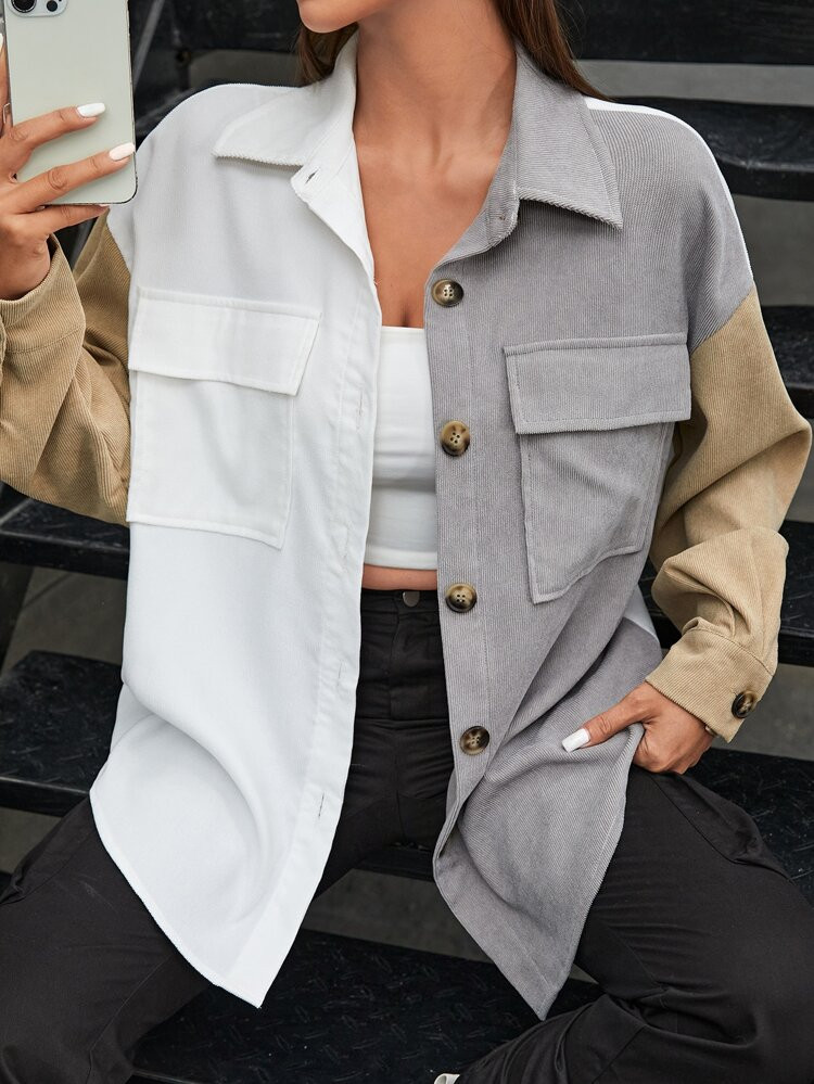 SHEIN Colorblock Drop Shoulder Flap Pocket Corduroy Coat | SHEIN