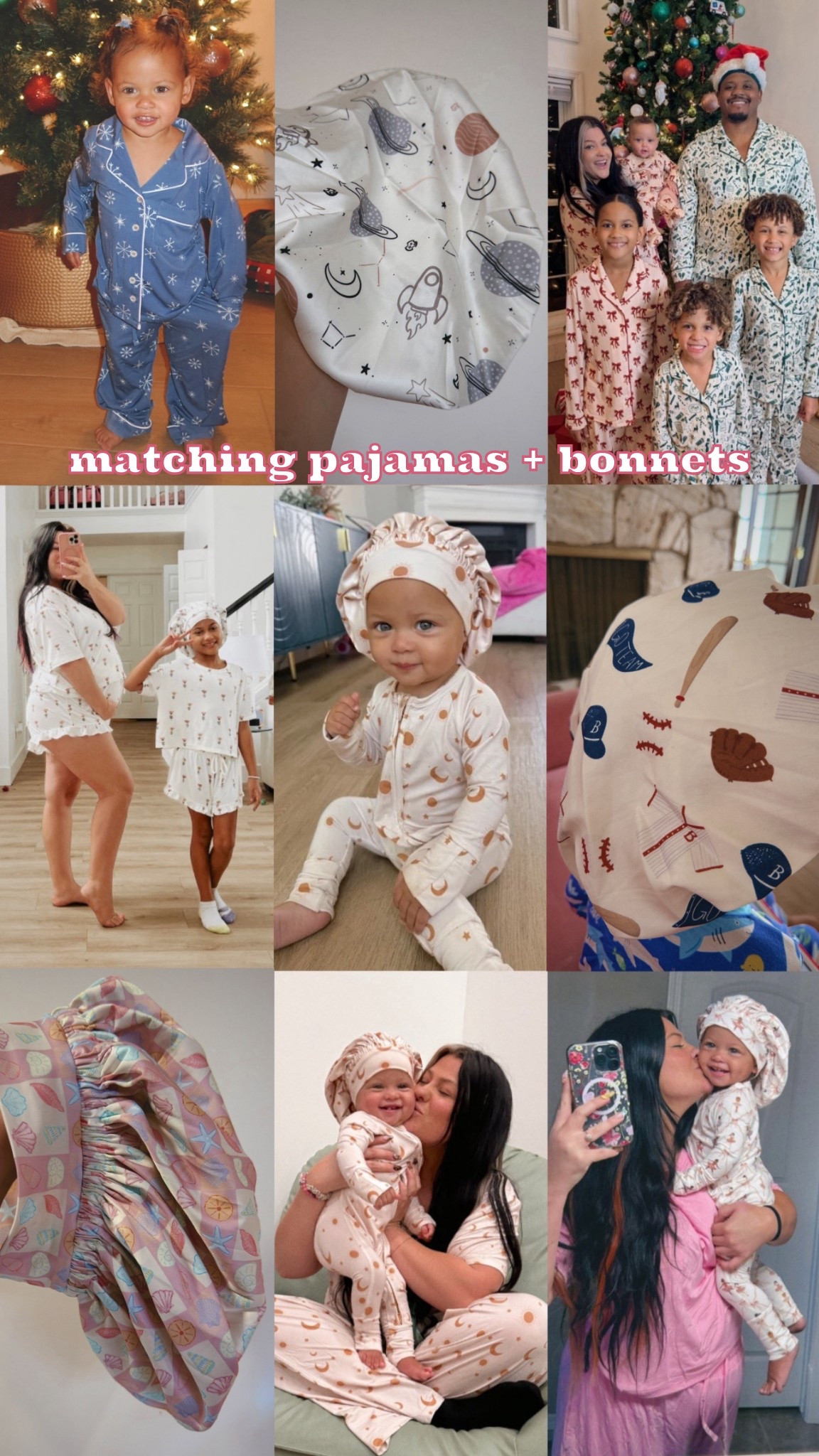 bonnets with the cutest patterns! 😍 that match our pajamas 🩷 #familypajamas #bonnets #matching #curlyhaircare