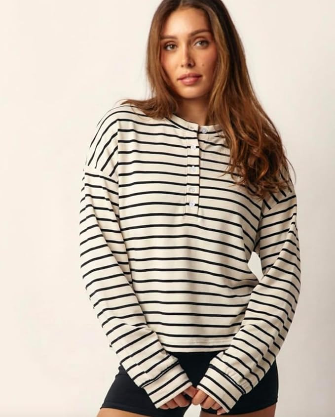 Almere Oversized Cotton Henley Longsleeve Tee, Striped Button Down, Boyfriend Fit | Amazon (US)