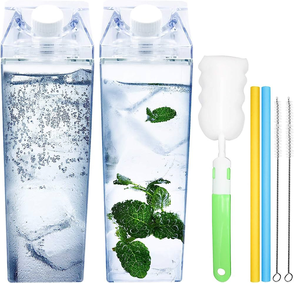 2 Pack 33oz Milk Carton Water Bottle -Clear Square Milk Bottles BPA Free Portable Water Bottle wi... | Amazon (US)