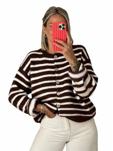 Milumia Women's Striped Button Up Cardigan Sweater Y2k Fall Long Sleeve Crewneck Oversized Sweate... | Amazon (US)