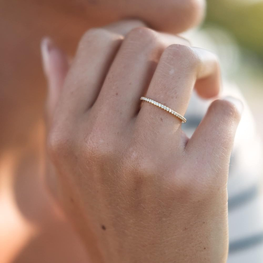 18K Gold Plated Sterling Silver Full Eternity Band | Cubic Zirconia Paved Wedding Band | Thin CZ ... | Amazon (US)