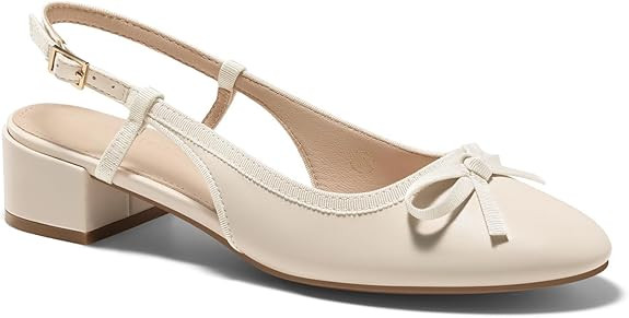 Coutgo Womens Chunky Low Heels Slingback Ballet Bow Pumps Closed Toe Wedding Dress Shoes | Amazon (US)