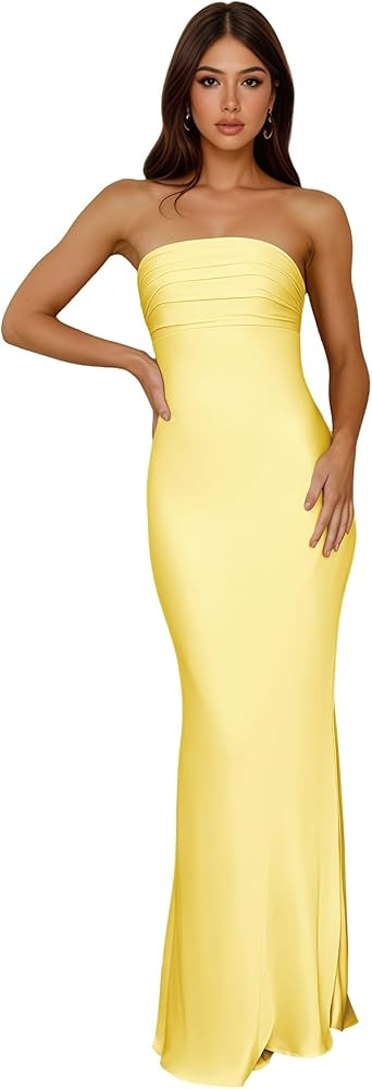 MIRUXIA Satin Strapless Ruched Bridesmaid Dresses for Women 2026 Mermaid Long Formal Evening Gown | Amazon (US)
