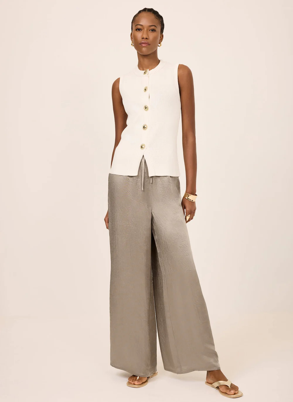 Gold Metallic Satin Wide Trousers | Mint Velvet