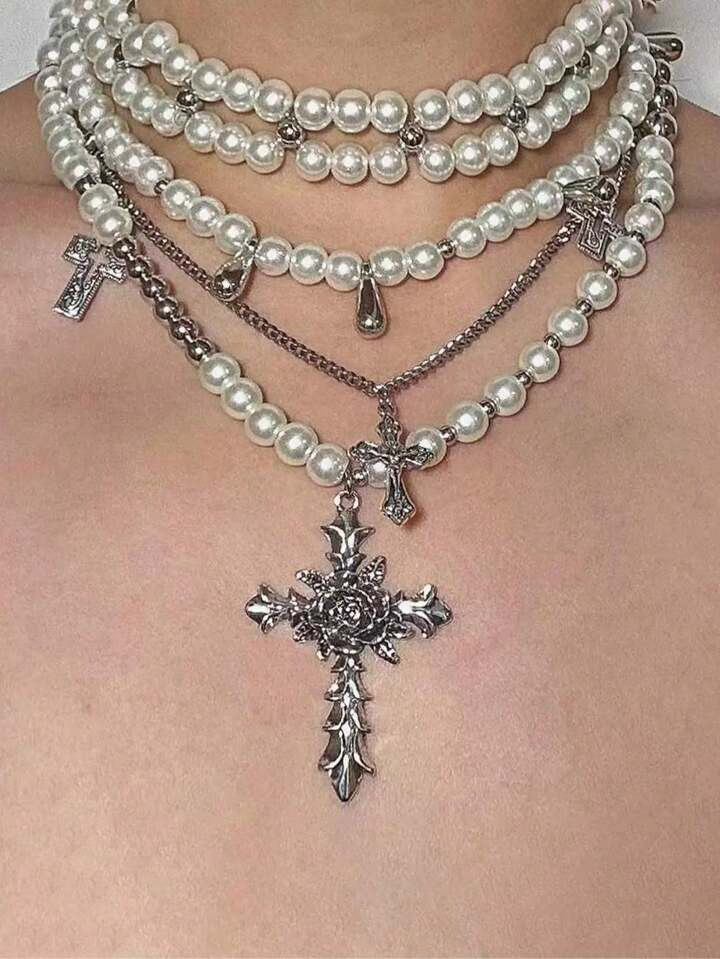Five-Layer High-End Design Faux Pearl Silver Cross Stacking Necklace, Unisex Jewelry | SHEIN