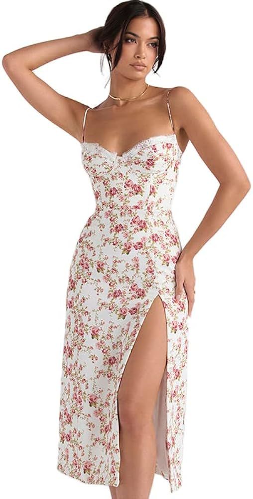 Women's Maxi Sundresses V Neck Cutout Backless Split Dresses Spaghetti Strap Floral Long Dress | Amazon (US)