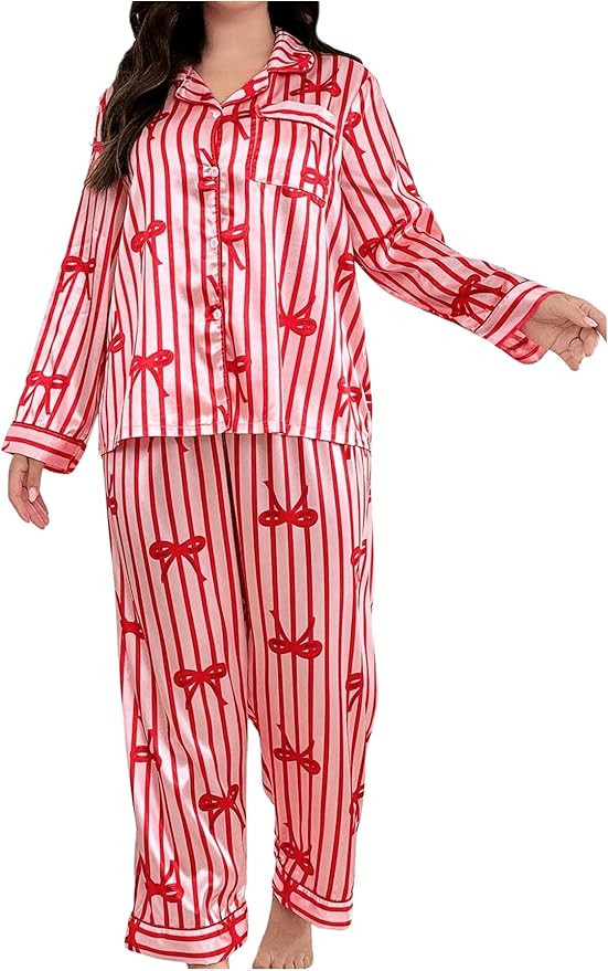 WDIRARA Women's Plus Szie 2pc Bowknot Satin Pajama Set Striped Long Sleeve Button Down Pants Slee... | Amazon (US)