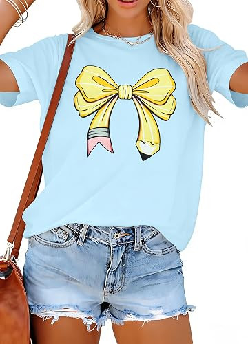 LUKYCILD Teacher Shirts Women Bow Pencil Graphic Tee Back to School Shirt | Teacher Life Shirt Te... | Amazon (US)
