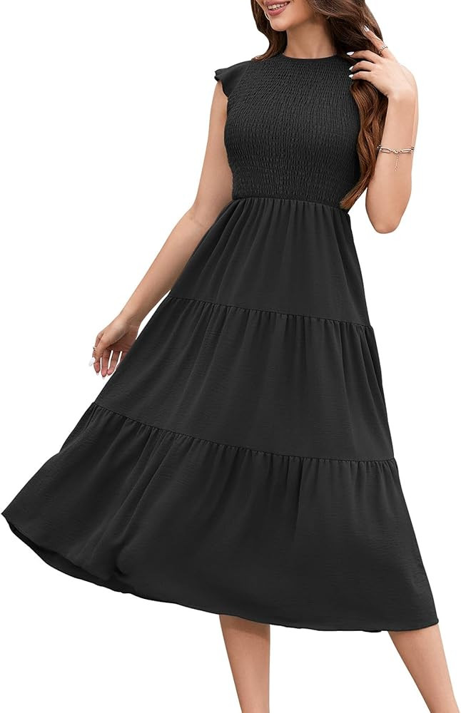 ZOOMOON Women's 2024 Casual Short Sleeve Summer Dress Crew Neck Smocked Hight Waist Flowy Maxi Ti... | Amazon (US)