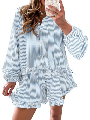 Fisoew Womens Stripe 2 Piece Lounge Sets Button Down Ruffle Shirts Shorts Sets Casual Oversized Pajama Sets Loungewear | Amazon (US)