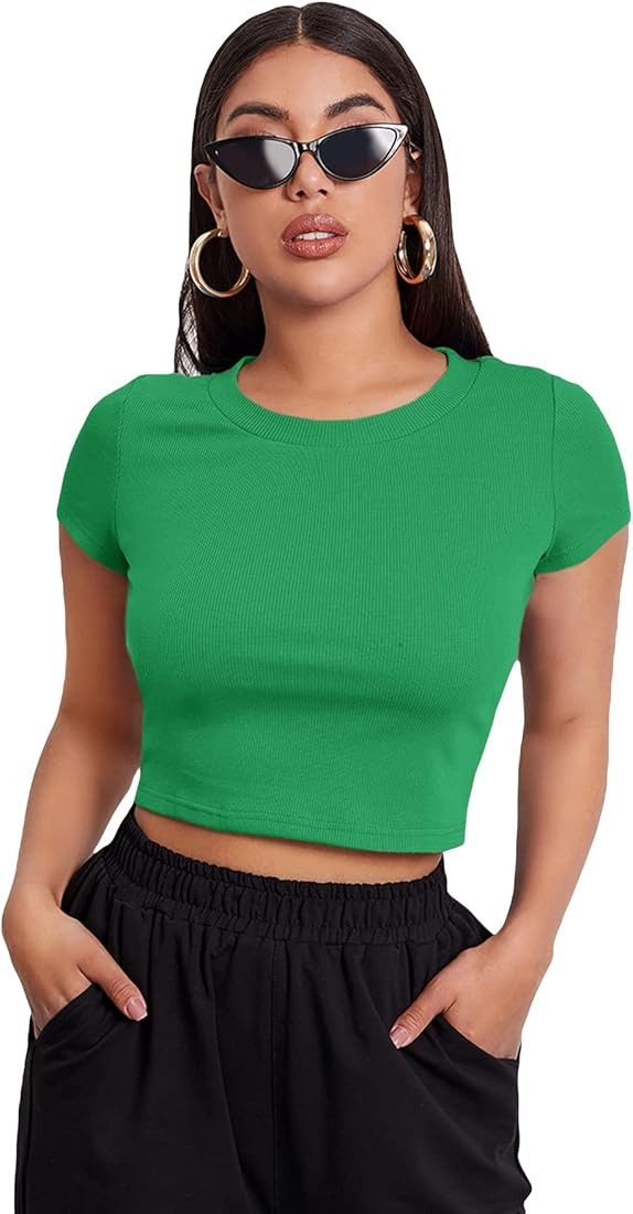 MakeMeChic Women's Cap Sleeve Round Neck Rib Knit Top T Shirt Slim Crop Tee | Amazon (US)