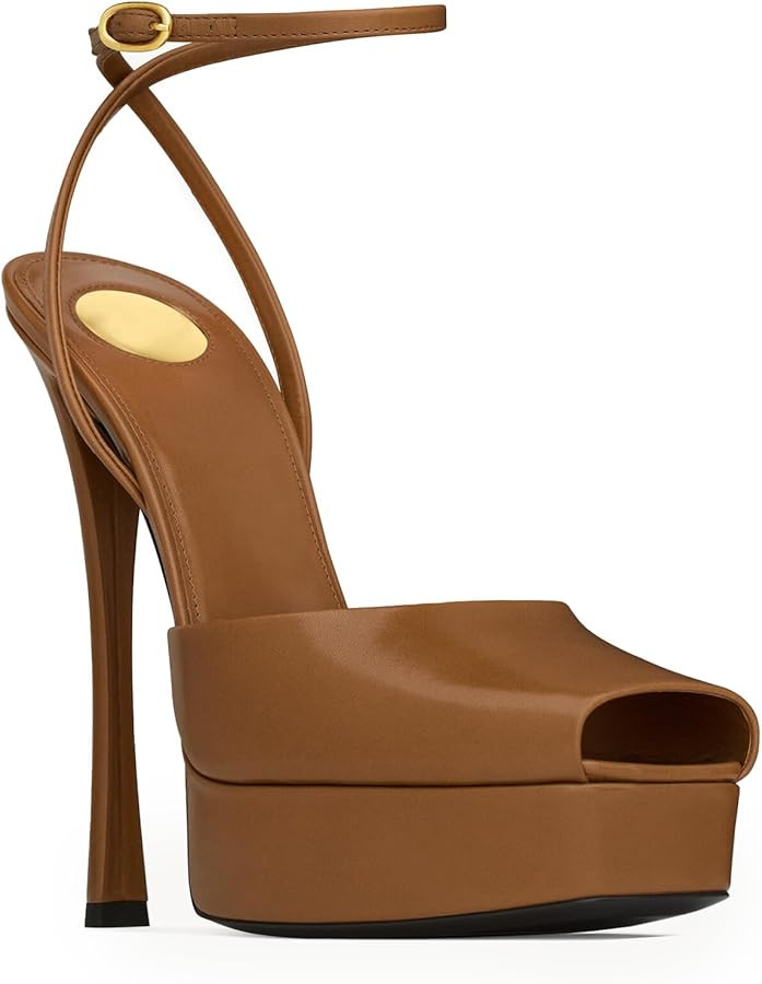 Stiletto High Heel Platform Sandals for Women Peep Square Open Toe Heeled Pumps Ankle Strap Backl... | Amazon (UK)