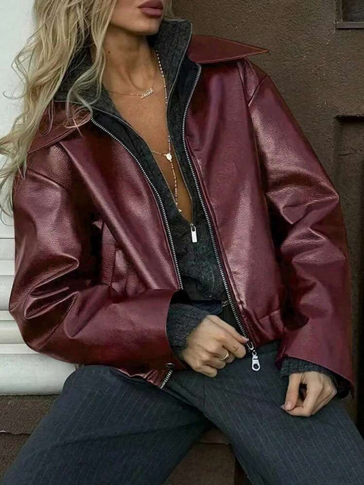 Zyxie Women's Spring & Fall Long Sleeve PU Leather Zip Front Loose Casual Jacket | SHEIN