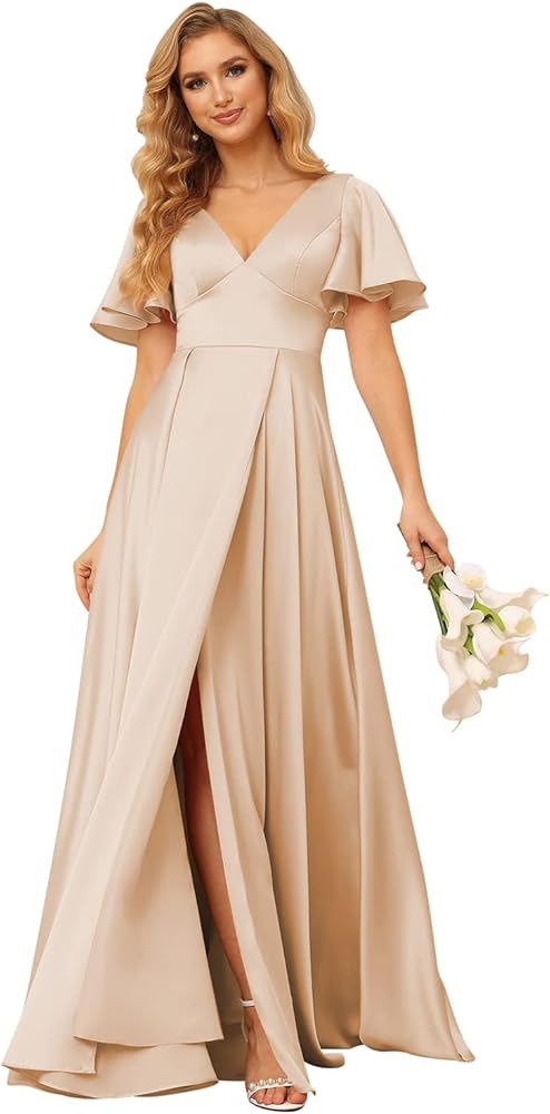 Loyeloy V Neck Ruffle Sleeves Bridesmaid Dresses Long with Slit 2023 Satin A-Line Formal Evening ... | Amazon (US)
