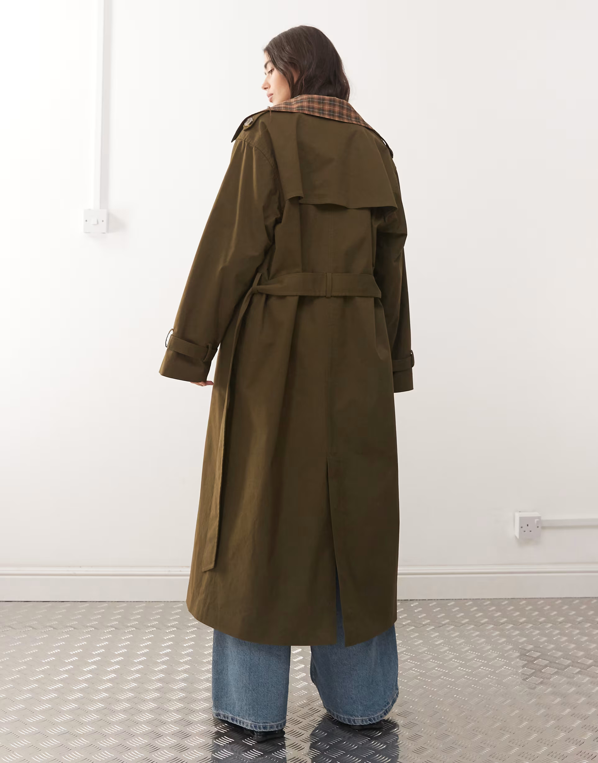 Reclaimed Vintage check lined trench coat with belt in khaki | ASOS (Global)