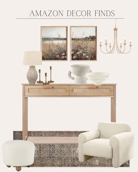 Amazon Decor Finds 
Console table / accent chair / ottoman / chandelier / wall art / table lamp / taper candle holder / runner / mache pedestal bowl / 

#LTKHome
